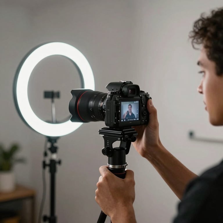 A South American creative professional filming content for social media with a professional camera and ring light in a modern studio.