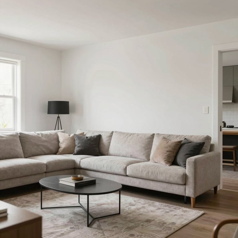 A finished modern living room with pristine paintwork and expert decorating in a North American home.