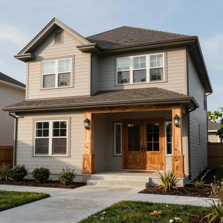 The exterior of a recently refurbished private suburban house with new custom carpentry and siding.