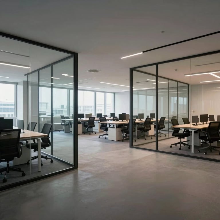 Wide view of a large open-plan office space featuring professional drylining and glass partitions.