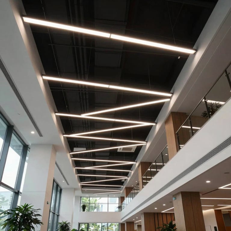 A commercial office lobby showing perfectly installed suspended ceilings with integrated modern lighting.