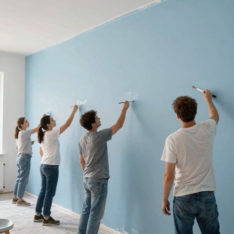 A skilled painting team applying a light blue finish to the walls of a high-ceilinged contemporary building.