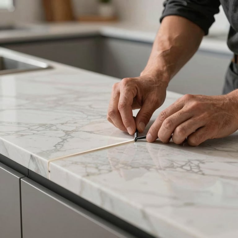 Close-up of a technician performing a seamless surface repair on a marble countertop in a luxury kitchen.