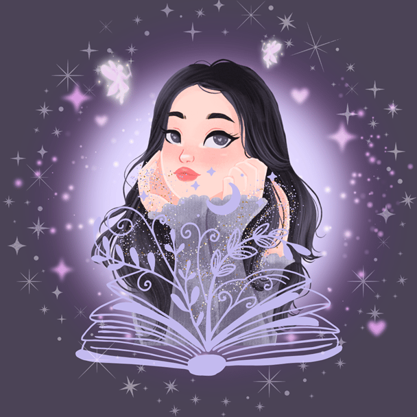 Portrait dessin de l'auteure L. Dalion - Une femme aux cheveux foncés appuyée sur un livre violet sur un fond scintillant.