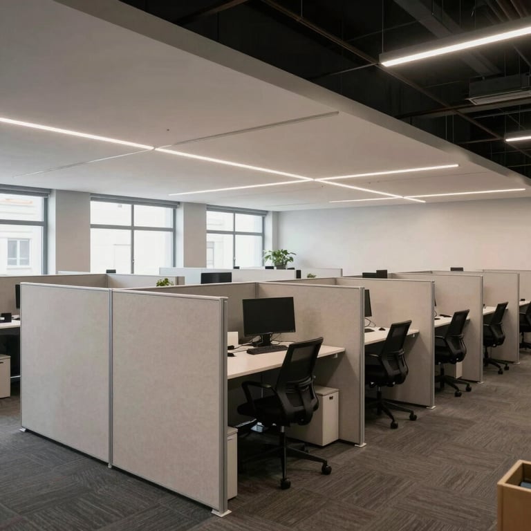 A large commercial space in Braga with extensive Pladur partitions and office divisions, professional setting.