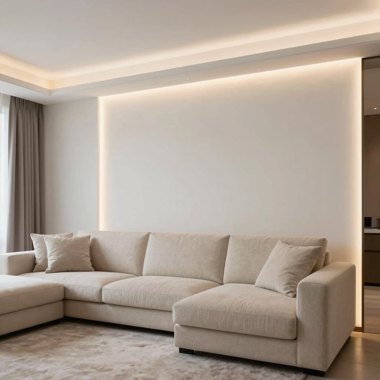 Modern living room in Braga with a custom Pladur wall feature and integrated LED lighting, clean lines, off-white palette.