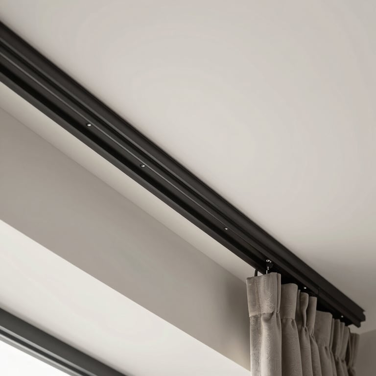 Detail of a recessed curtain track built into a modern Pladur ceiling, high-end residential style.