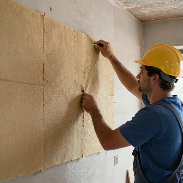 Professional worker installing acoustic insulation behind a drywall panel in a new construction project, Northern Portugal.