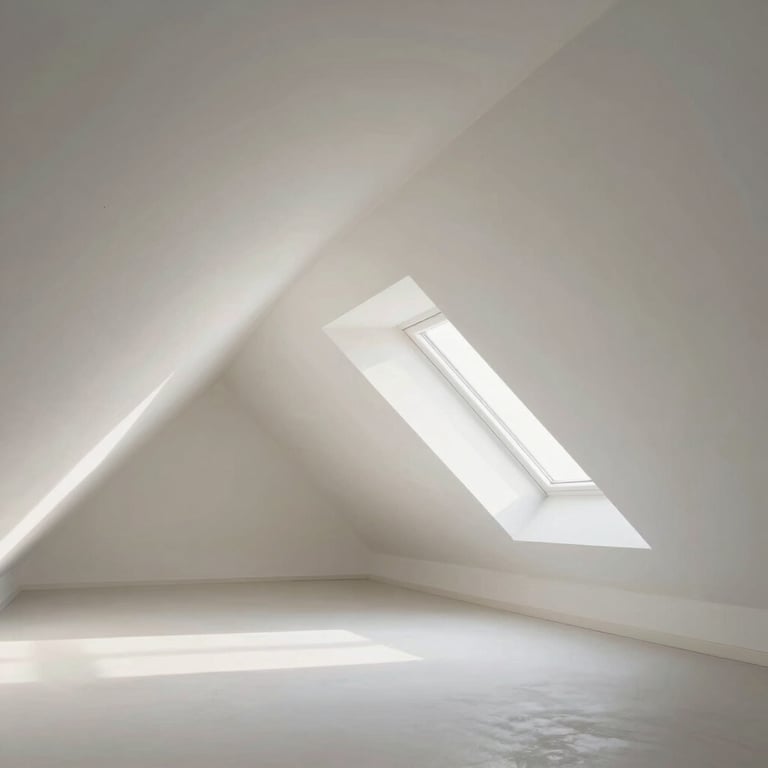 Interior of a renovated attic with sloped Pladur ceilings and perfect white finishes, bright airy feel.