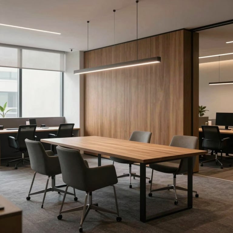 A modern South American office lounge with minimalist furniture and a professional, quiet atmosphere.