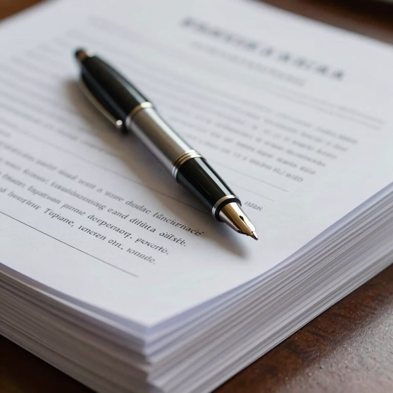 A close-up of a high-quality pen resting on an organized stack of documents in a South American law office.