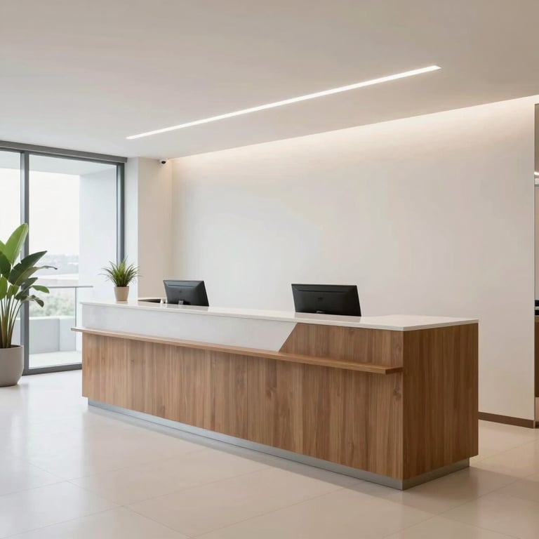 A bright and airy corporate reception area in Brazil, featuring clean lines and a professional atmosphere.