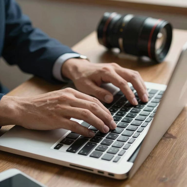 Hands using a laptop with an organized desk setup, reflecting high-end administrative support.
