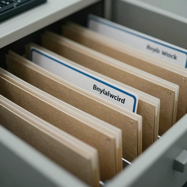 Detailed shot of a professional filing system with labeled folders, conveying order and efficiency.