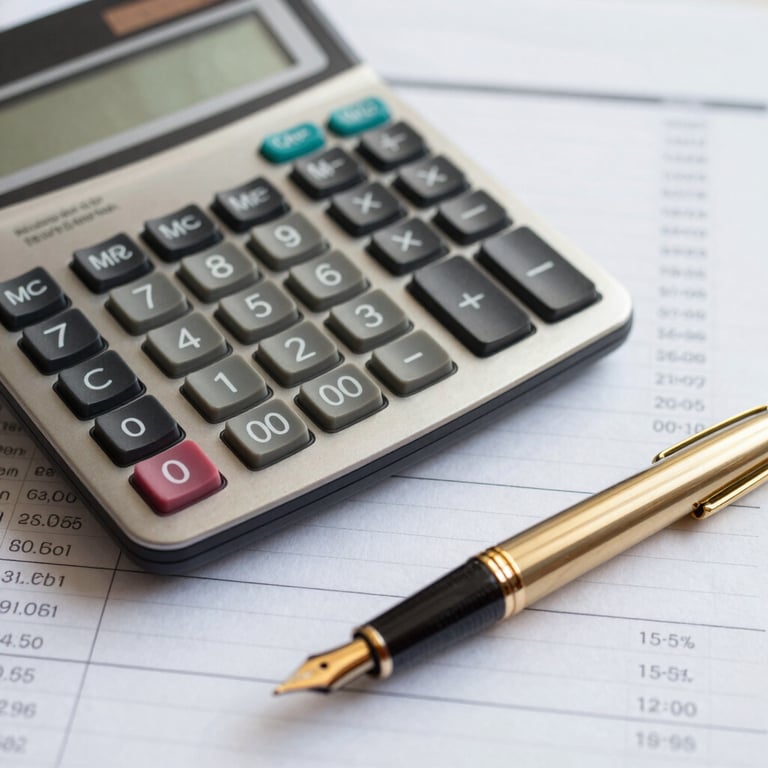 An organized workspace with a calculator, gold fountain pen, and financial spreadsheets under natural lighting.