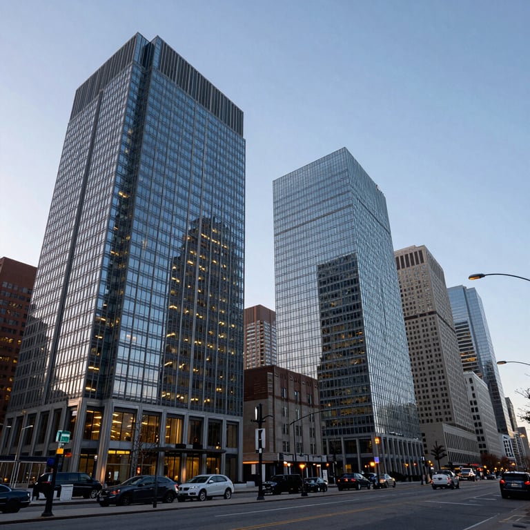 A wide shot of a modern North American financial district at dawn with glass buildings and sleek architecture.