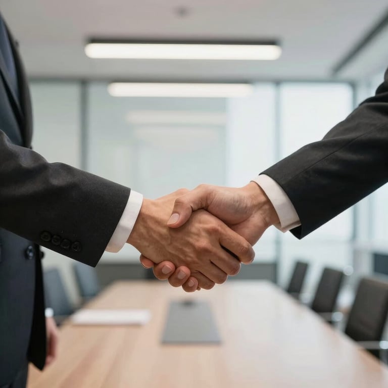 Close-up of two business professionals shaking hands in a bright, modern American boardroom.