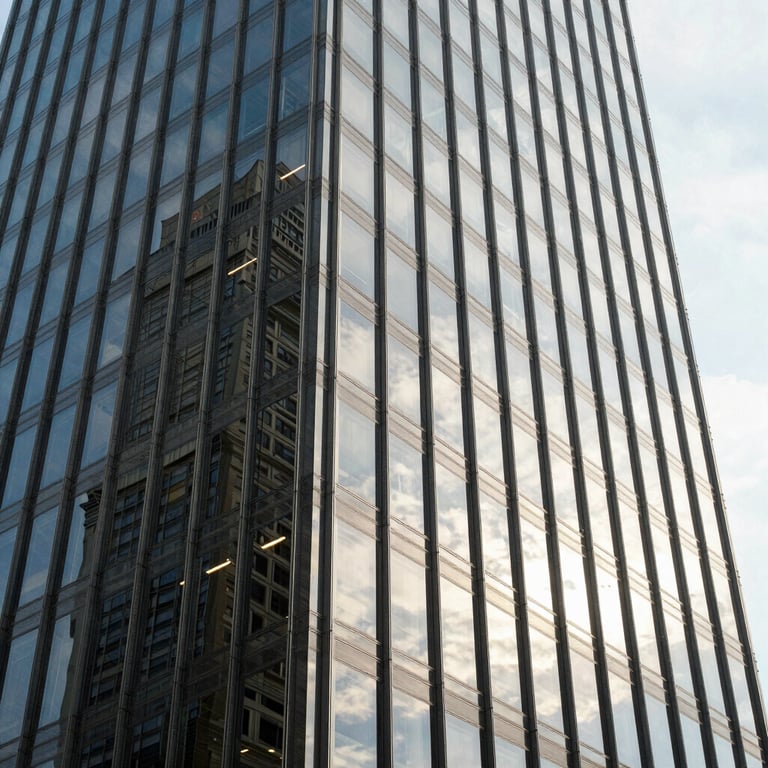 North American corporate high-rise building with glass windows reflecting a bright sky, professional photography.