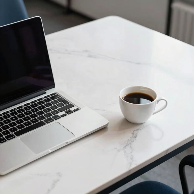 A clean, modern desk in a US office featuring a laptop and a cup of coffee on a white marble surface with navy blue accents.