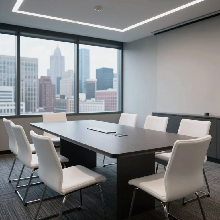 A professional meeting room with white chairs, a charcoal gray table, and a view of the city city skyline.