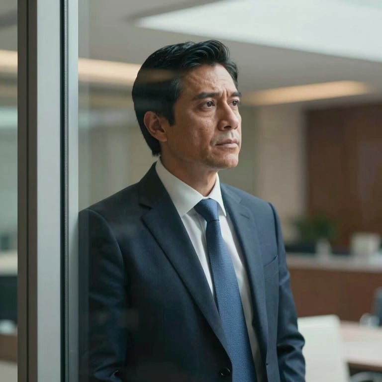 An Ecuadorian executive professional looking through a glass window in a luxury office, reflecting determination and strategic vision.