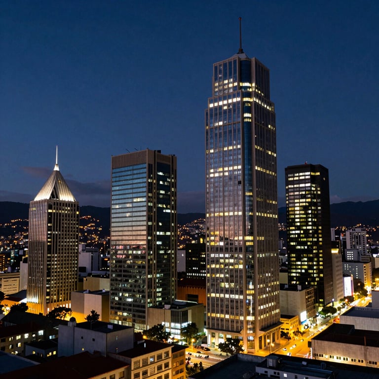 A wide shot of Quito's financial district at dusk, showing illuminated skyscrapers under a deep navy sky, projecting corporate dominance.