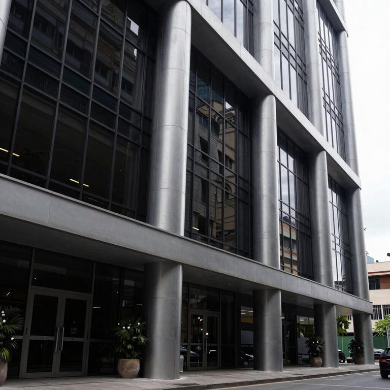 A sophisticated corporate lobby in a modern South American / Ecuadorian financial center, with deep black glass and metallic silver structures.