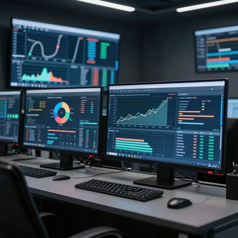 Advanced technology screens showing data analytics for debt recovery in a dark, high-security financial operations room.