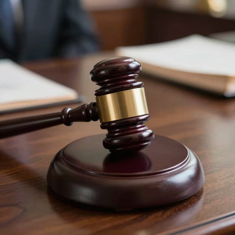 Close-up of a legal gavel resting on a polished dark wood desk within a high court setting, emphasizing judicial authority.