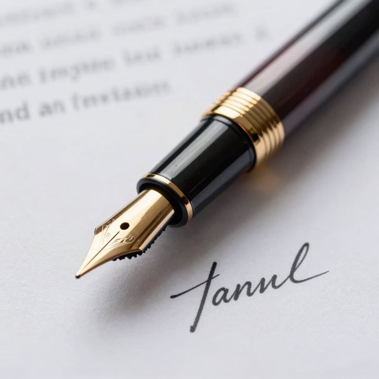 A sharp close-up of a high-end fountain pen with golden details resting on a signed judicial document, representing legal power.
