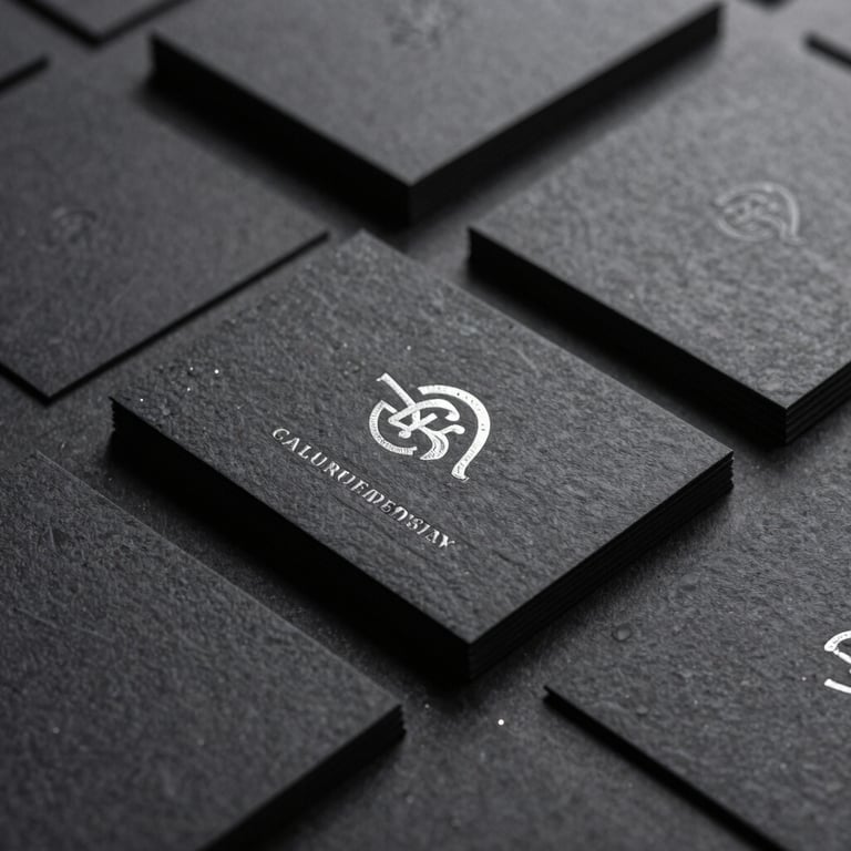 A collection of luxury business cards with embossed silver foil on thick charcoal paper, professionally staged.