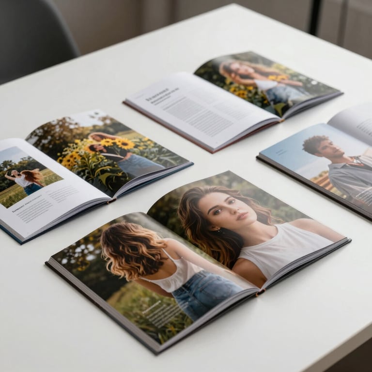 Elegant promotional brochures and catalogs spread out on a white studio table, showing vibrant photography and clean layout.