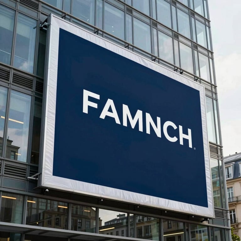 A large-scale outdoor advertising banner for a corporate brand, installed on a modern glass office building in a French city.