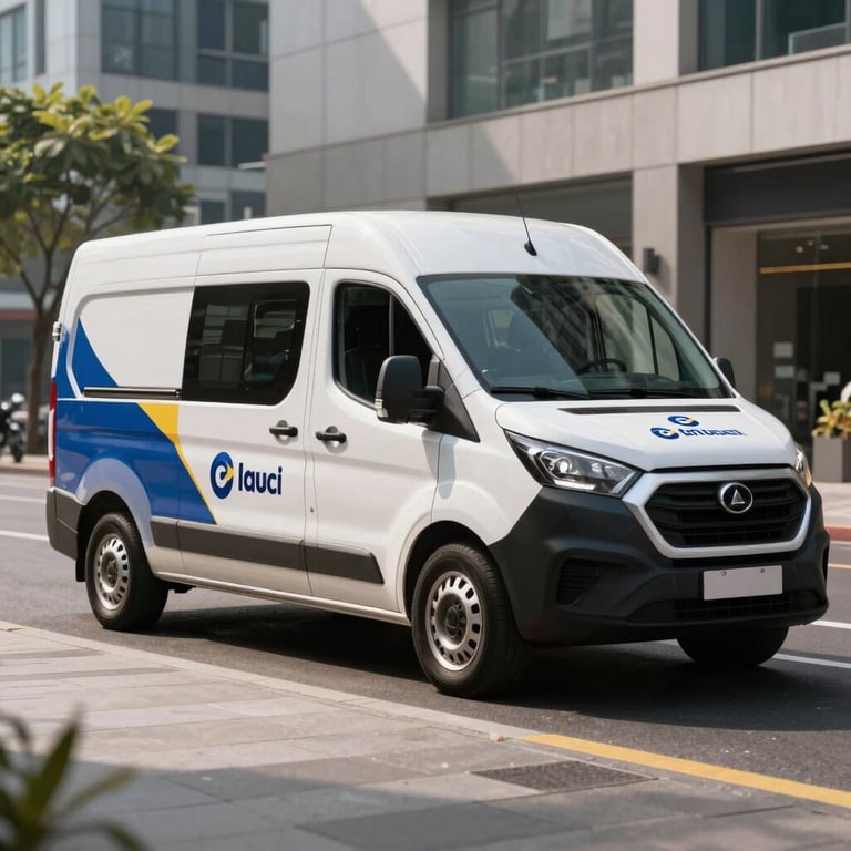 A commercial van featuring a professional and sleek vinyl vehicle wrap with corporate branding, parked in a bright urban district.