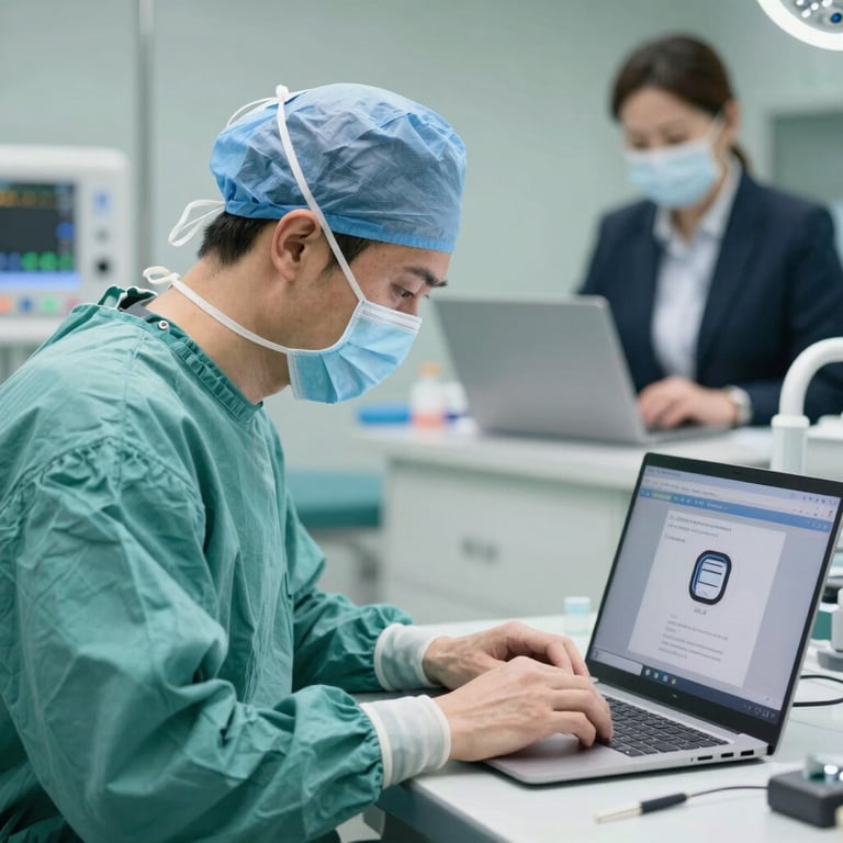 Surgeon in blue scrubs and mask using a laptop for medical device search in a hospital setting.