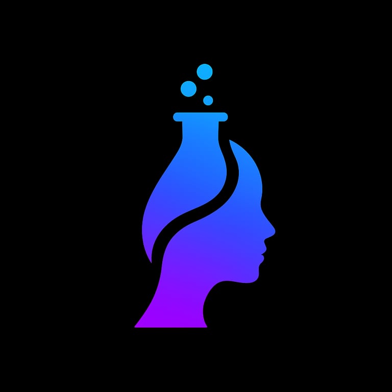 Creative logo merging a human profile with a chemistry flask to symbolize scientific innovation and brain research.