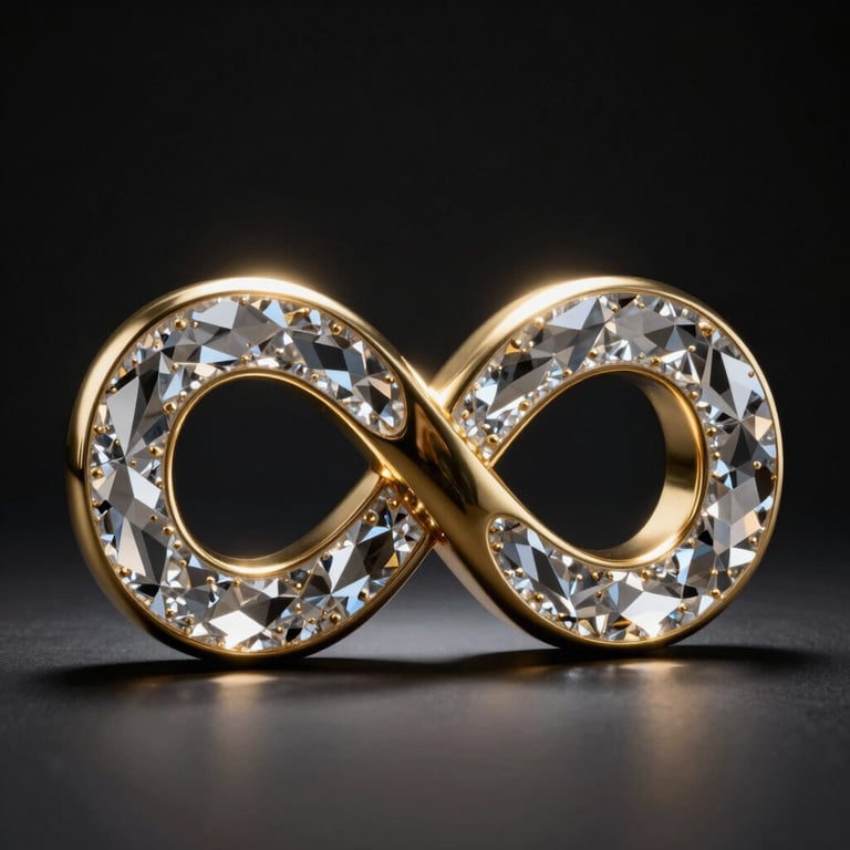 A majestic 3D infinity symbol sculpted from pure crystal and polished gold, catching dramatic spotlighting on a deep black background.