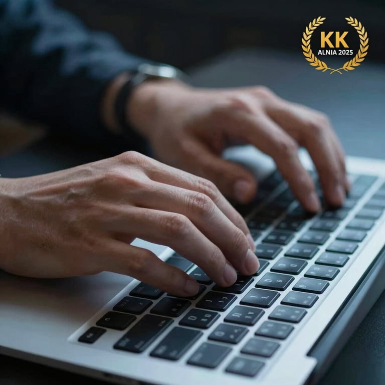 A close-up of a person's hands typing efficiently on a modern silver keyboard, steel blue ambient light.
