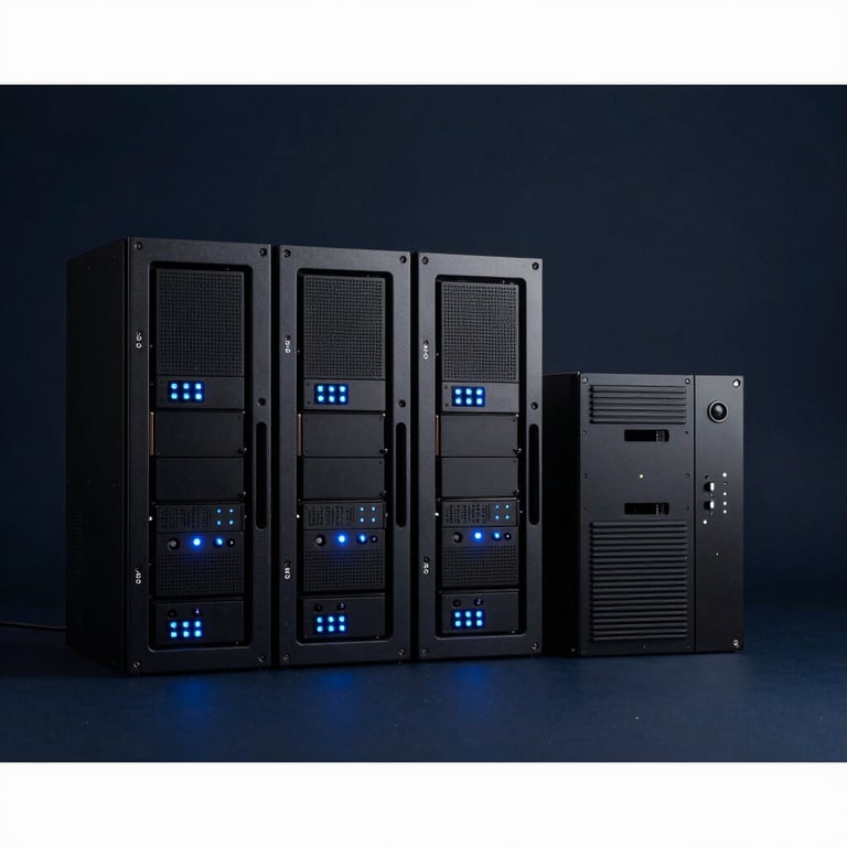 Minimalist photo of high-tech data equipment with soft blue indicator lights in a dark navy room.