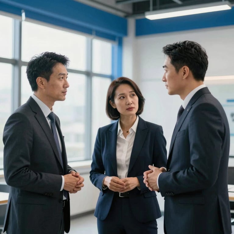 A professional team of three people in business attire collaborating in a bright, modern studio with steel blue decor.