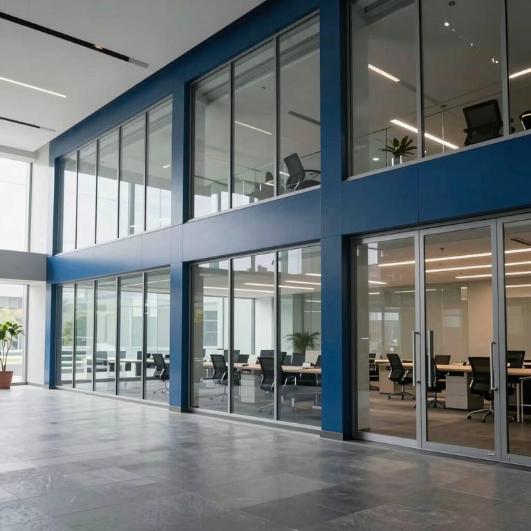 A wide shot of a clean, modern corporate office with glass walls and deep blue accents.