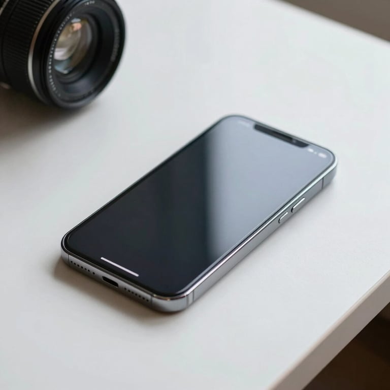 A sleek smartphone on a white desk showing a clean communication interface, soft lighting.