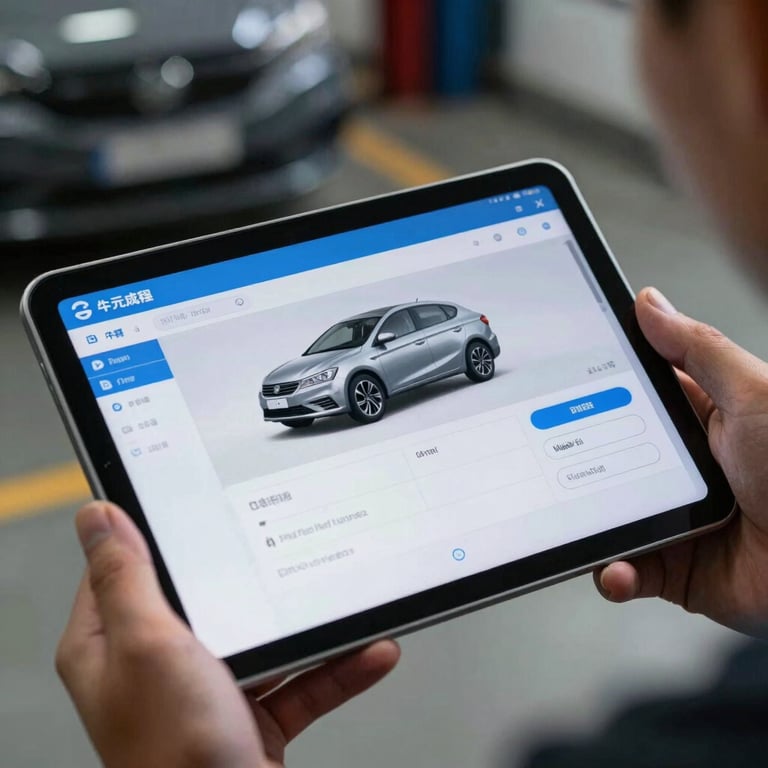 A close-up of a digital tablet screen showing a car diagnostic app, held by someone in a professional garage setting, steel blue lighting.