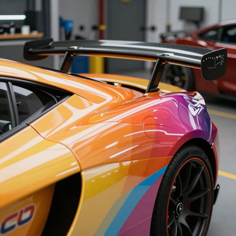 Close-up of vibrant, bespoke graphics on the wing of a high-performance sports car, reflecting studio lights in a modern US workshop.