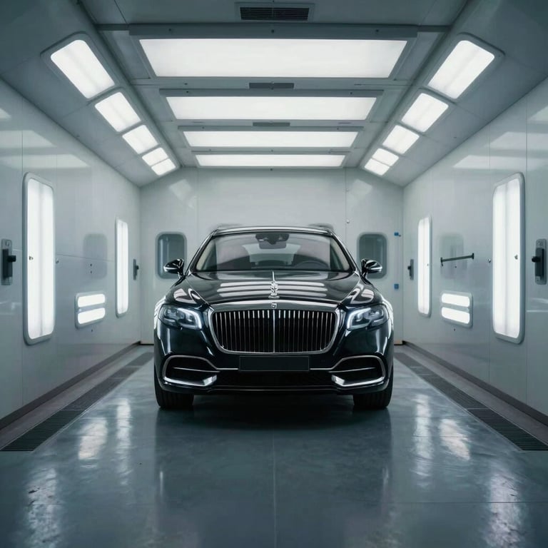 A wide shot of a modern, professional paint booth with a luxury vehicle inside, illuminated by cool-toned, sleek LED lighting.