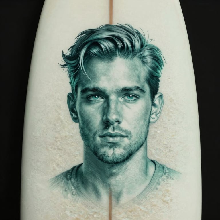 Detailed airbrushed portrait on a surfboard, showing fine line work and smooth color gradients in shades of teal and off-white.