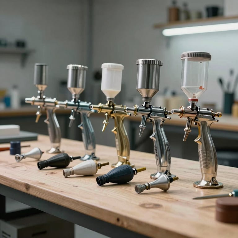 Professional workbench with a row of high-quality paint sprayers and airbrush tools organized neatly in a clean, industrial studio.