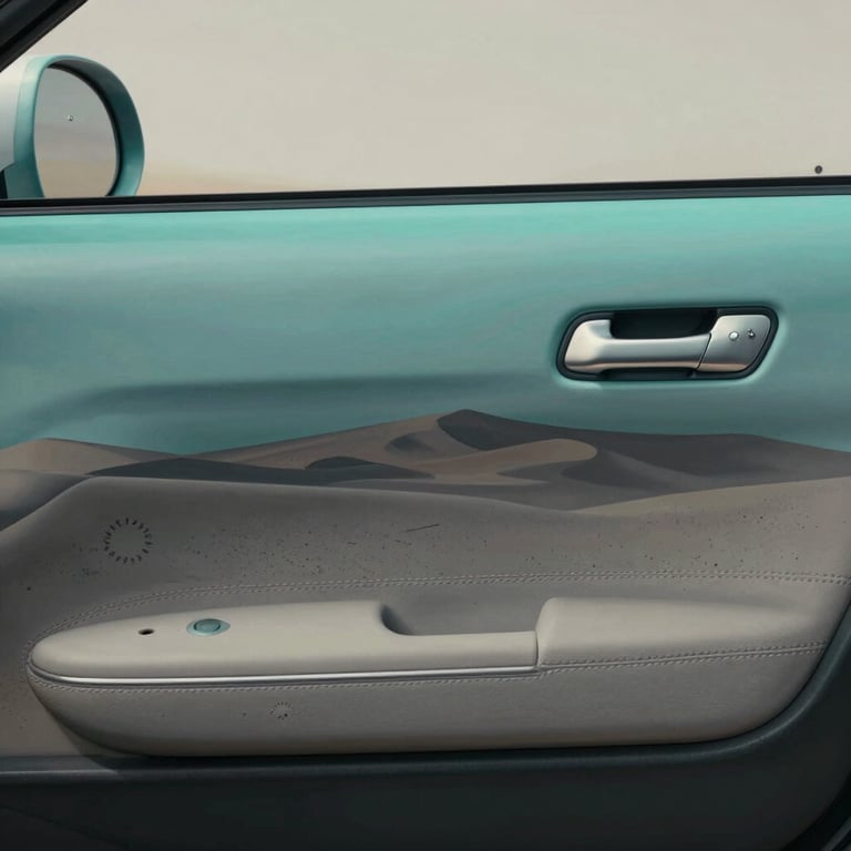 A sleek automotive door panel with a hand-painted, airbrushed desert landscape in muted teal and grey tones, North American setting.