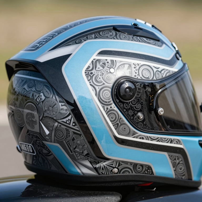 A macro photograph of a custom-painted motorcycle helmet featuring intricate charcoal and light blue geometric patterns with a high-gloss finish.