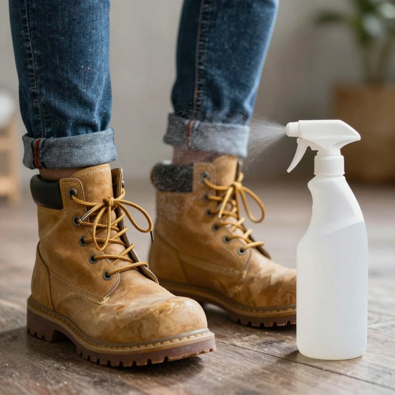 Technician disinfecting shoes before entering a customer's yard in Yorktown.